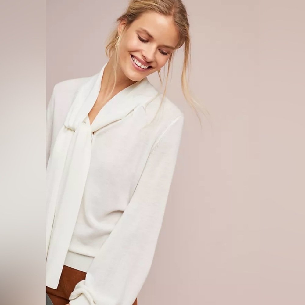 ANTHROPOLOGIES MOULINETTE SOEURS IVORY TIE NECK SWEATER...